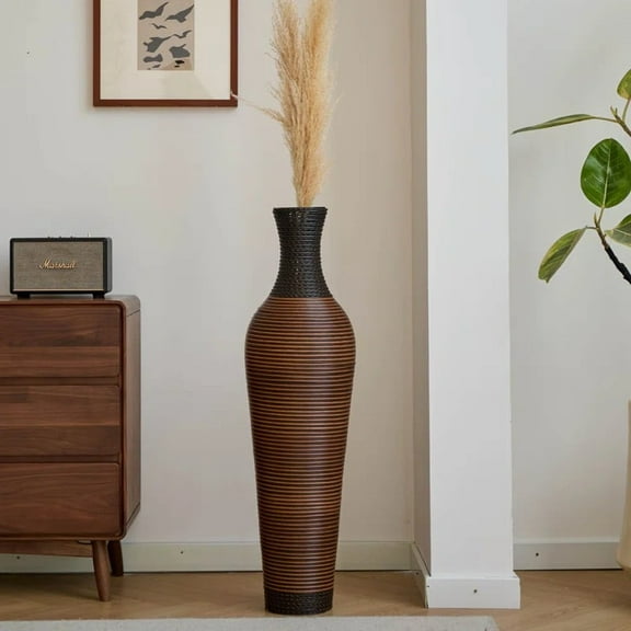 39" Tall Floor Vase, Two-tone Hand Woven Rattan Finish, Large Flower Decorative Vase