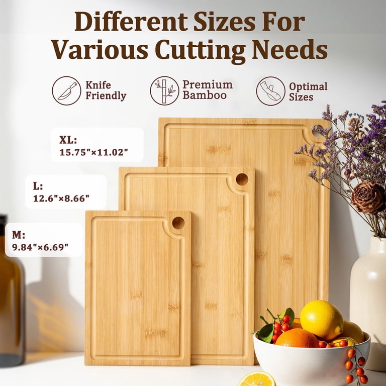 Kikcoin Bamboo Cutting Board Set, 3 Pieces with Hooks photo 2