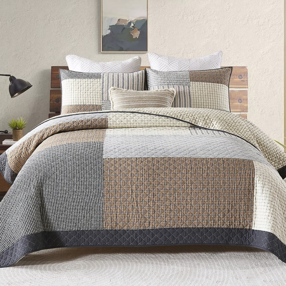 Bedduvit Farmhouse Queen Size Quilt Set - 100% Cotton Beige Brown Gray Real-Patchwork Plaid Queen Quilts Bedspread, Lightweight Reversible Coverlet/Bedding Set for All Season, 3-Piece (98"x90")
