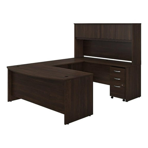 Pemberly Row 72W U Desk with Hutch and Drawers in Black Walnut - Engineered Wood