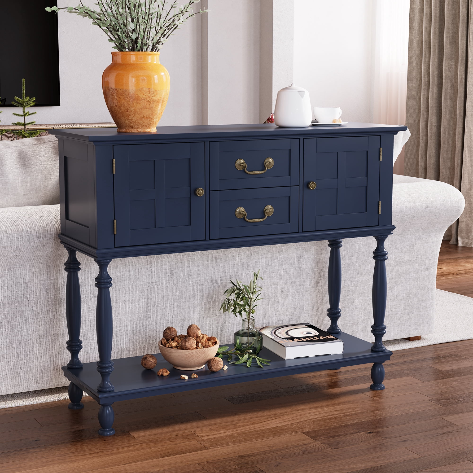 ZOSQUARE 42" Blue Console Table with Storage Cabinet, Entryway Table with Turned Legs and Bottom Shelf, Vintage Sofa Table Behind Couch for Living Room