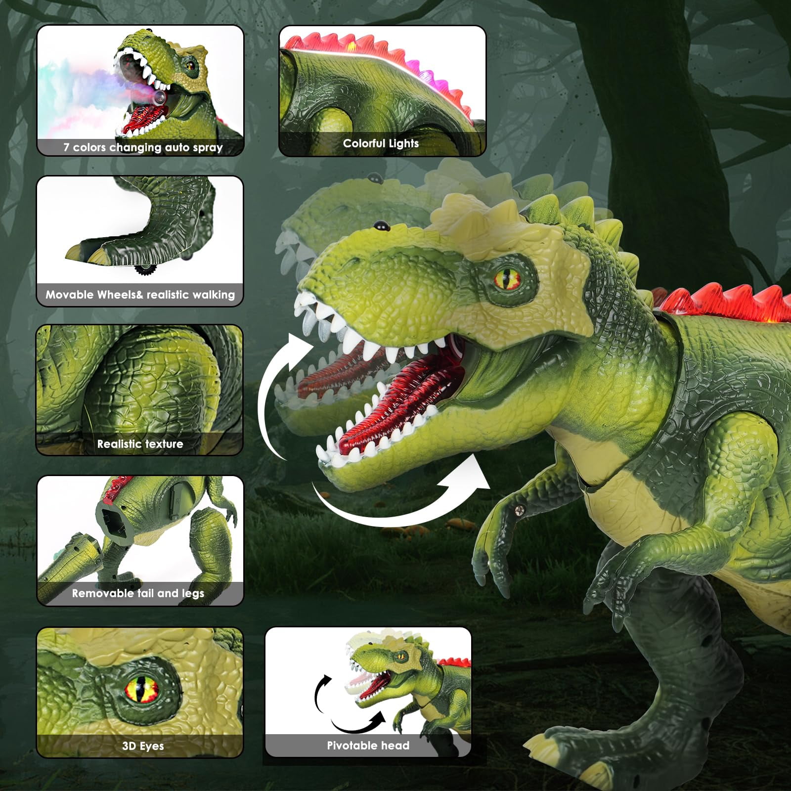 XINGLUKE Remote Control Dinosaur Toys for Kids, Walking RC T-Rex Toys with Light, Colorful Sprays and Roars Sounds for Boys Girls 3+ Years Old
