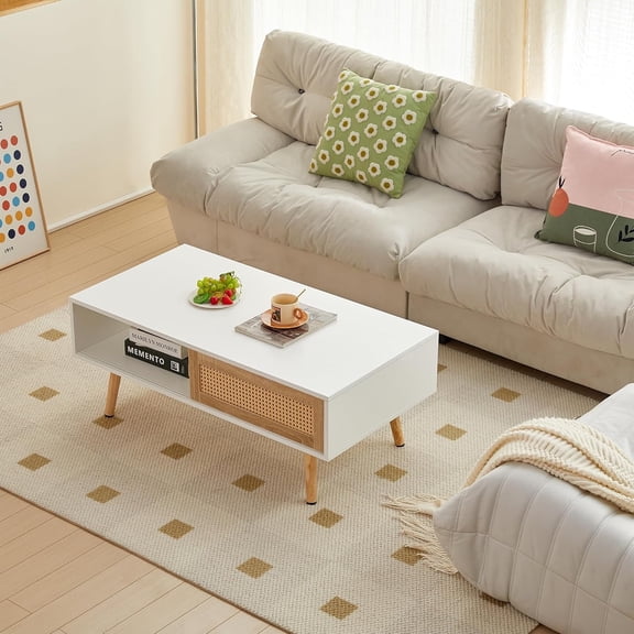 41.3 Inch Modern Coffee Table Rectangle Wood Coffee Table with Sliding Door for Storage, Rattan Coffee Tables for Living Room, Apartment White