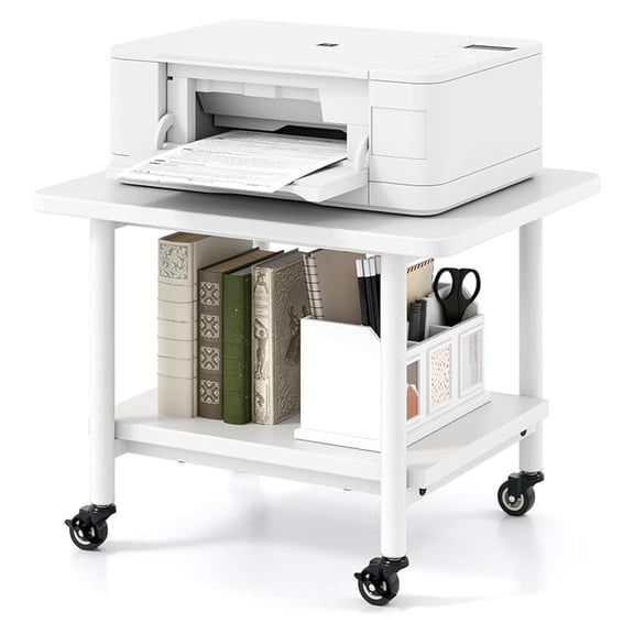 Under Desk Printer Stand, 2-Tier Mobile Printer Table with , Lockable Wheels & Metal Frame, Rolling Printer Cart Holder, for Home Office Scanner Fax Machine (White)