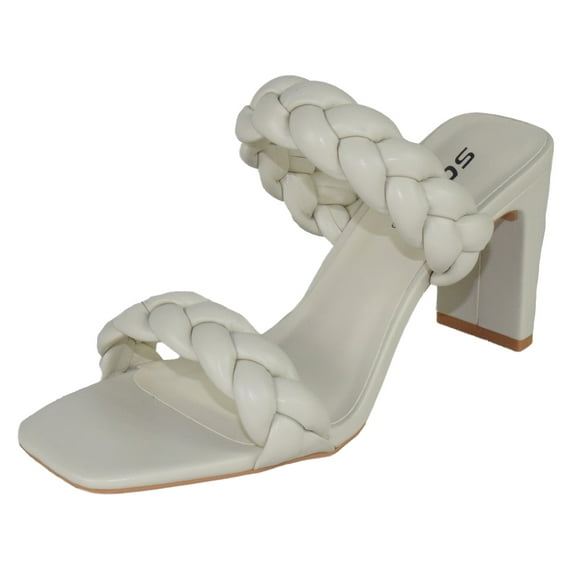Soda Shoes Women Block High Heel Sandals Braided Band Square Toe FOUND-S Off White Bone 7.5