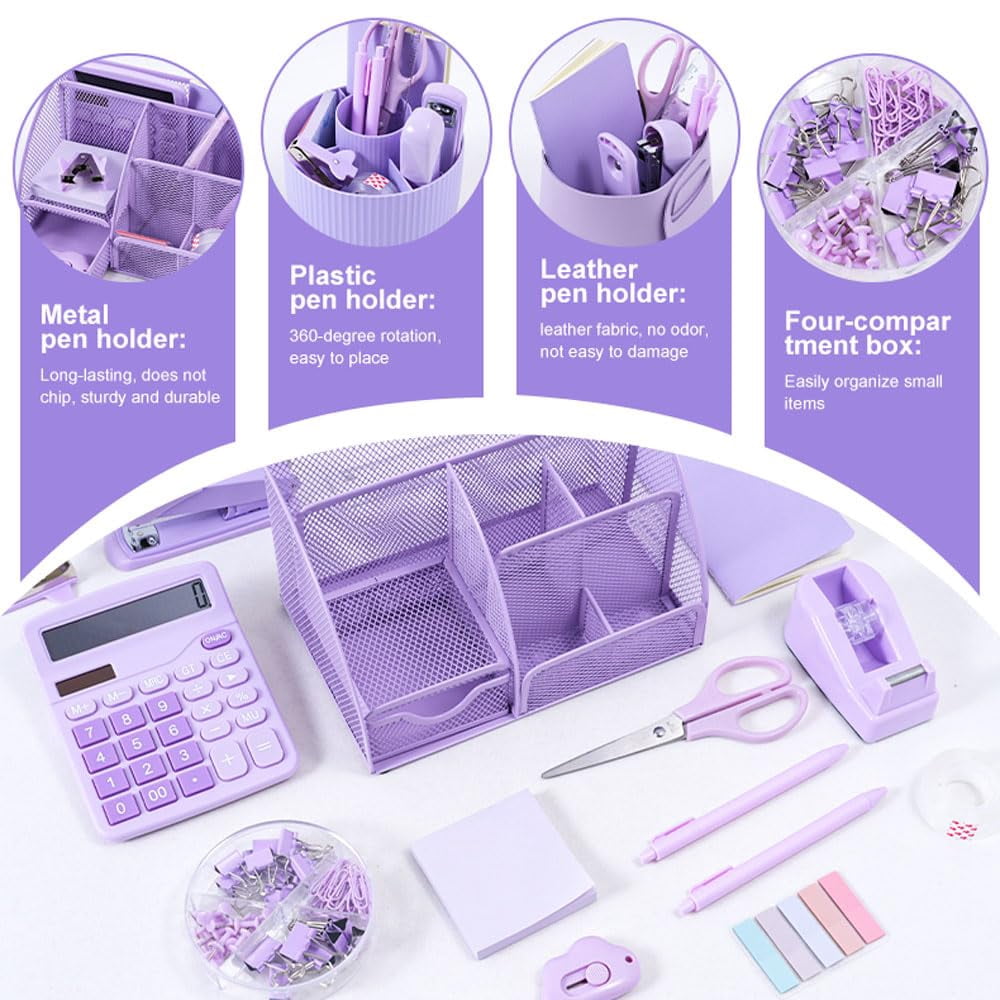 Purple Desk Organizers And Accessories With Organizer 360° Rotating Pen Holder Office Supplies  Cute Stationery Set