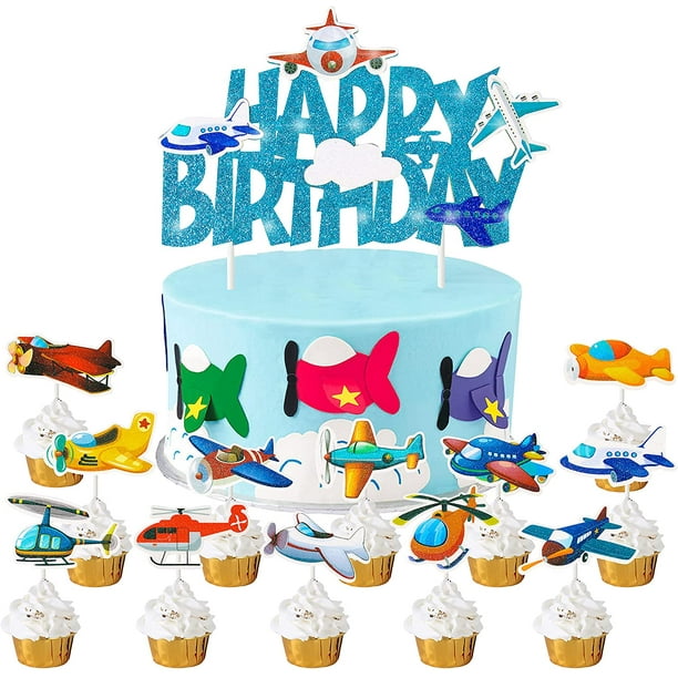 Plane Theme Birthday Cake Decoration 25Pcs Glitter Airplane Aircraft Cake Cupcake  Toppers Supplies for Kids Aviator Aviation Theme Birthday Party Baby Shower  