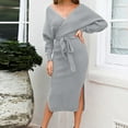 thumbnail image 6 of Arnsht Women's V Neck Long Batwing Sleeve Wrap Midi Knit Sweater Dress Elegant Backless with Belt Slit Gray L, 6 of 8