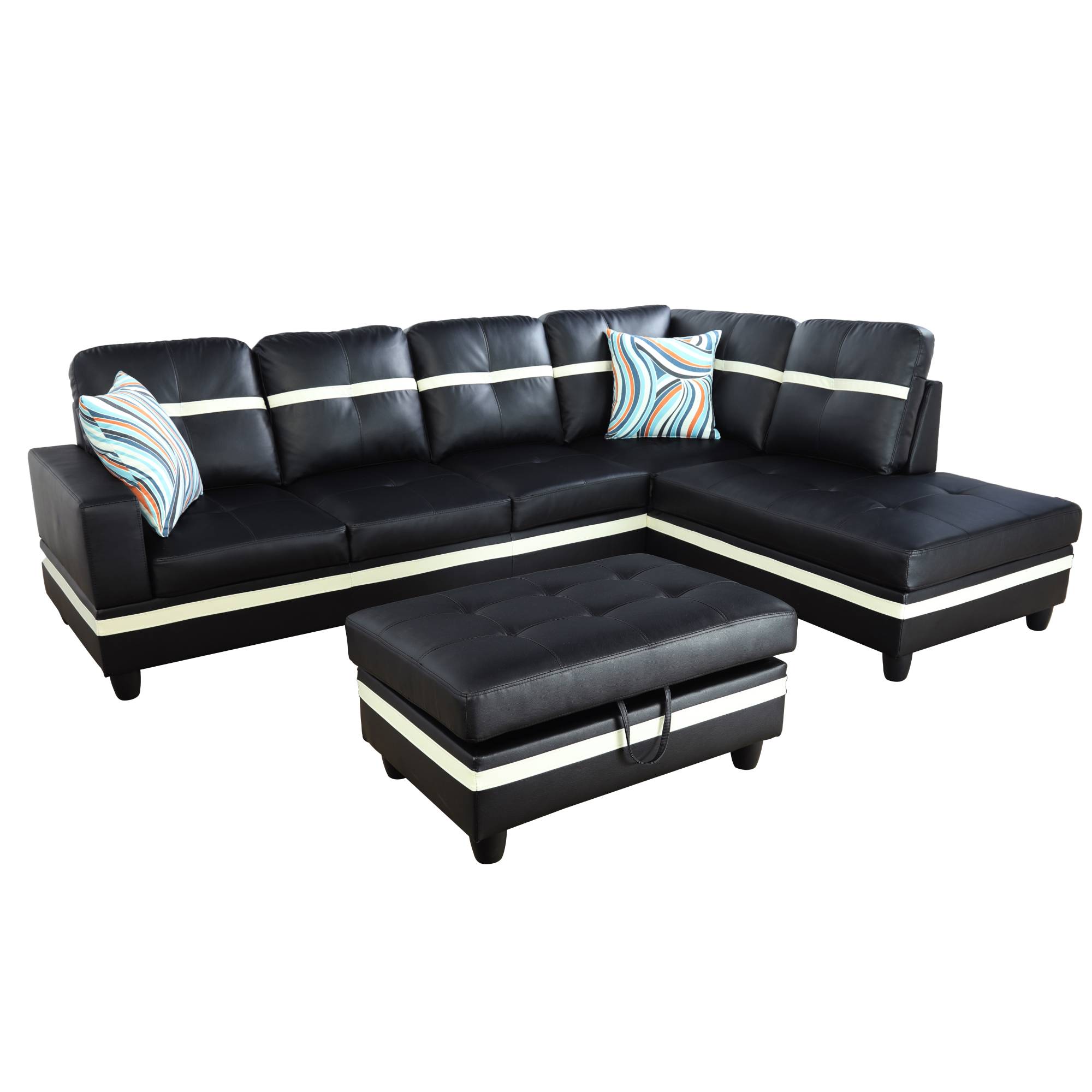 Sectional Sofa Couch, Leather L Shape Sofa Couch Set with Chaise and Storage Ottoman for Living Room, Black