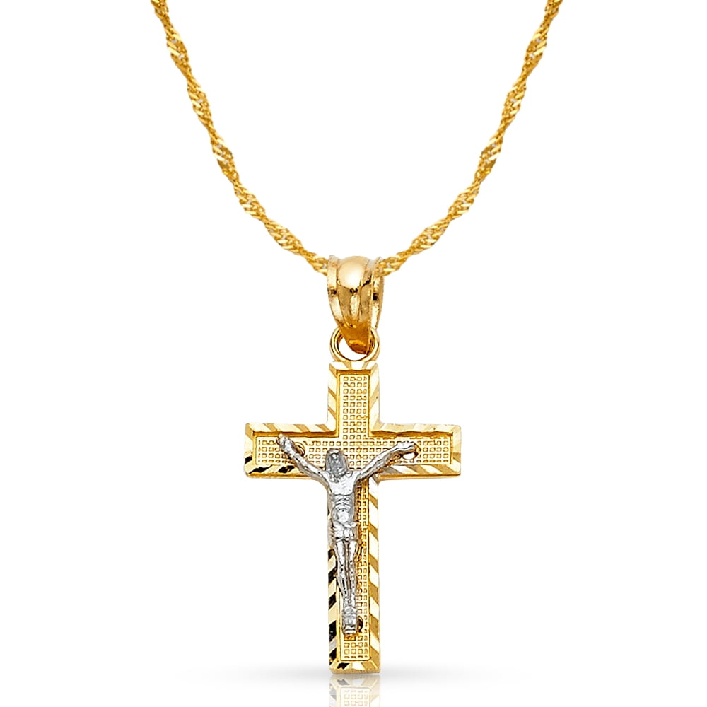 Ioka - 14K Two Tone Gold Jesus Crucifix Cross Pendant with 0.9mm ...