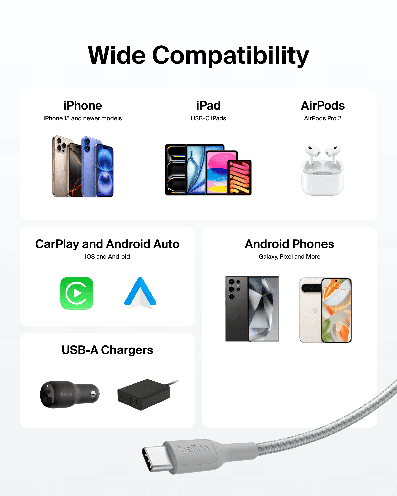 Belkin Braided USB-A to USB-C Cable (10 ft, 15W) - Soft, Flexible Fast-Charging Cable, Type C Charger Cord for iPhone 16 & 15 Series, Galaxy S25, Pixel 9, iPad Pro, & More - Gray (USB 2.0)