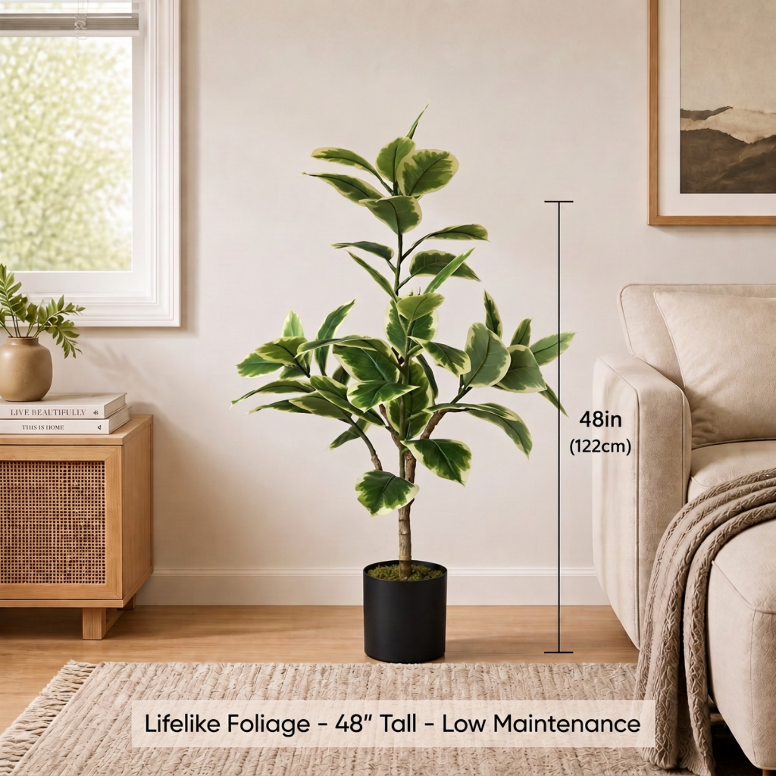 BEAUTYPEAK 4FT Artificial Plant Fake Indoor Rubber Tree Decorative Outdoor Greenery in Black Pot