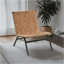 JERFIT Mid-Century Modern Accent Chair with Leather Woven Seat and Back, Brown