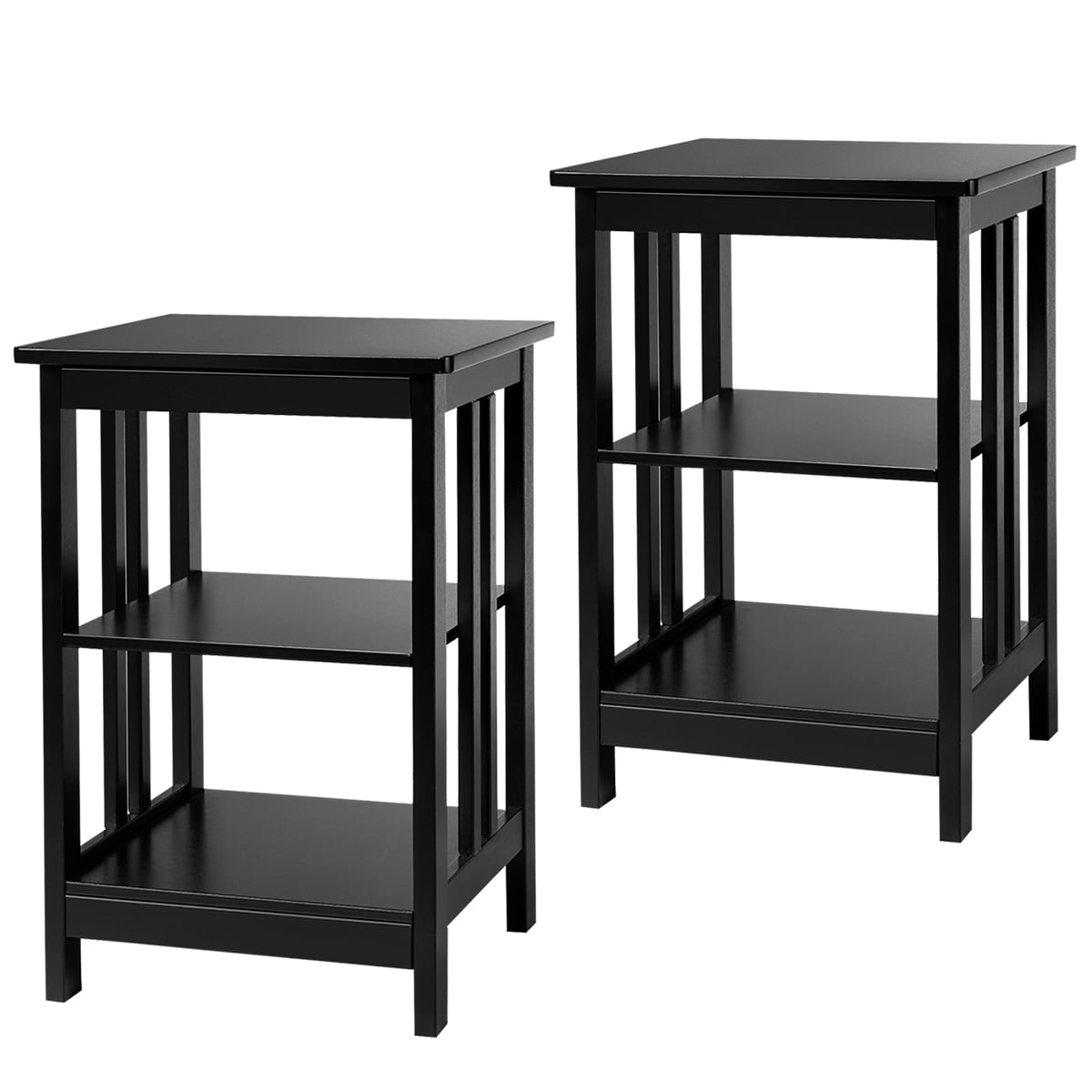 2 PC 3-tier Side Table Nightstand End Table W/ Baffles & Round Corners Brown 