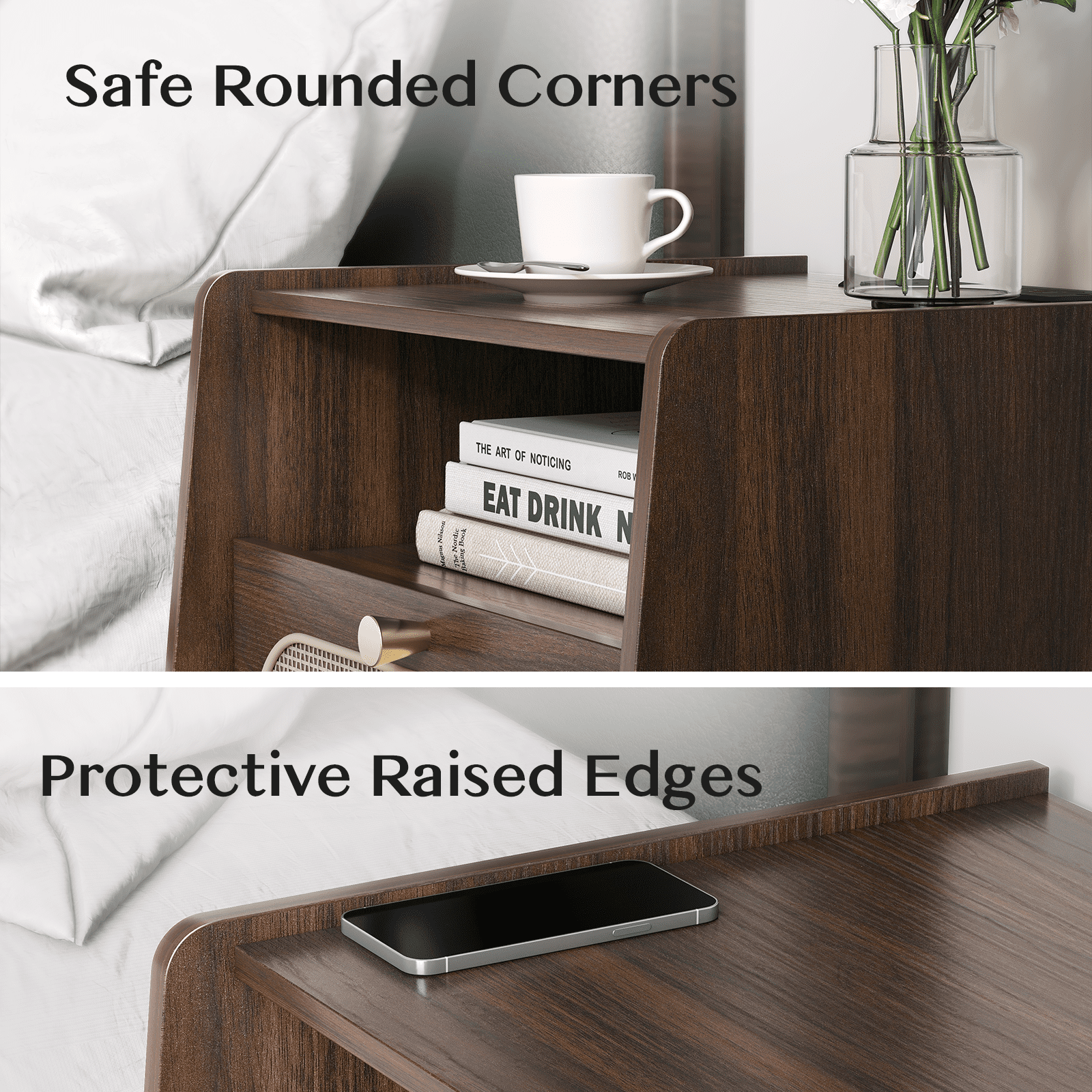 JOINICE Nightstands with Charging Station, Set of 2, Mid-Century Modern End Tables, Dark Walnut