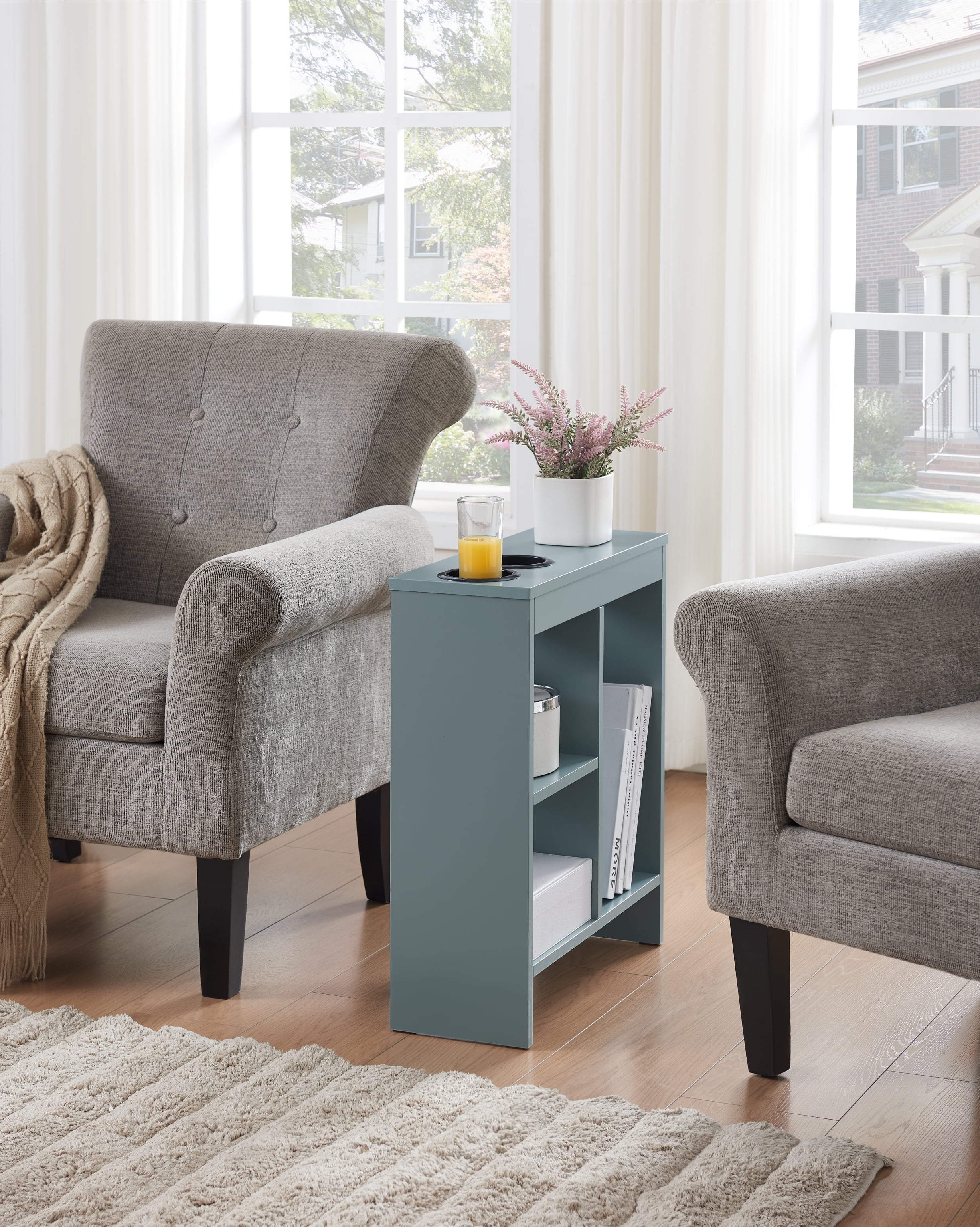 Kings Brand Furniture Narrow Side End Table with Drink Holders & Storage Shelves, Slim Sofa Table with Magazine Holder for Living Room, Bedroom, or Office – Ice Blue