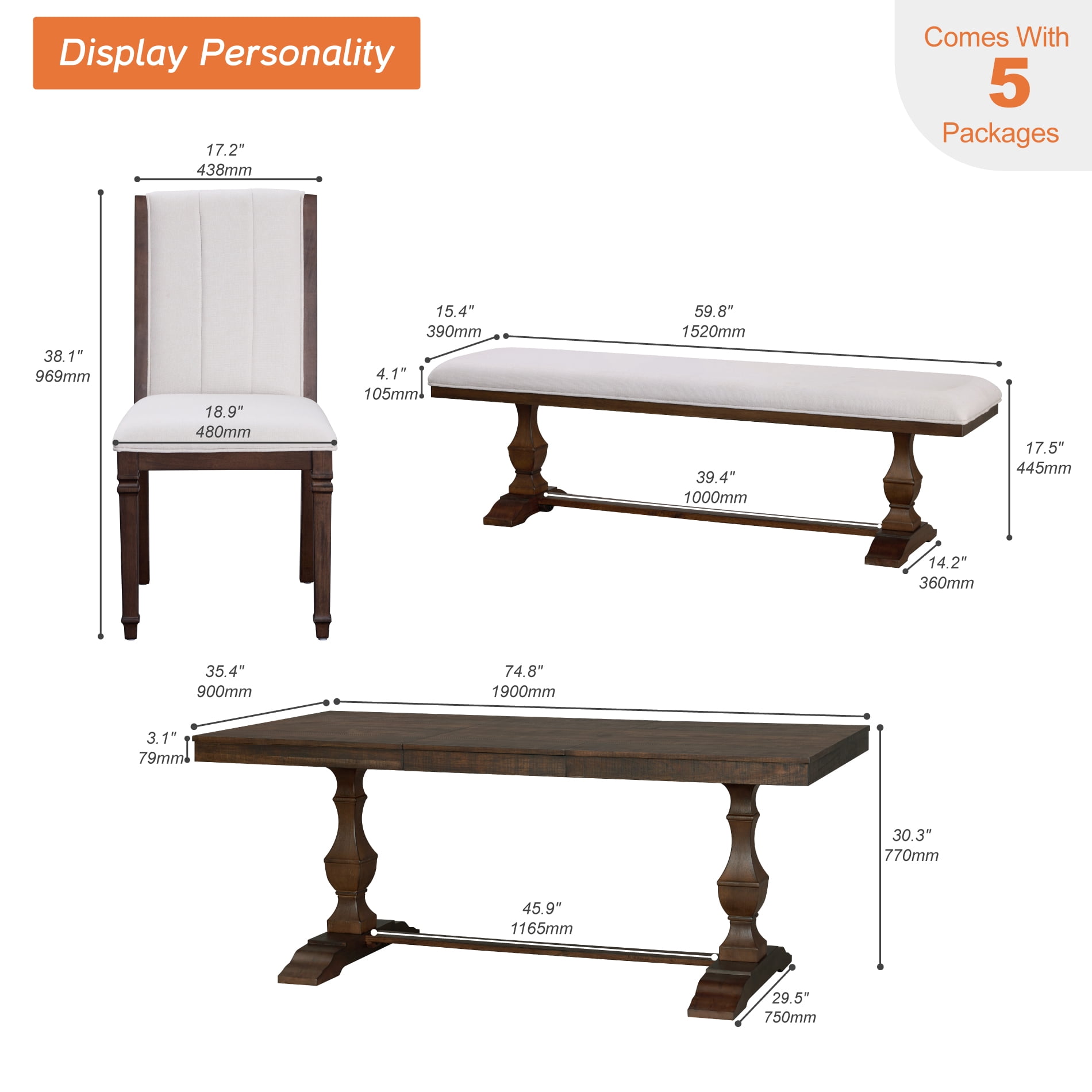 WAMPAT 5-pieces Farmhouse Dinning Table,74.8" Kitchen Table Set with 2 Benches and 2 Chairs for 6-8,Solid Wood Legs and Cushion Seat for Kitchen & Living Room,Espresso