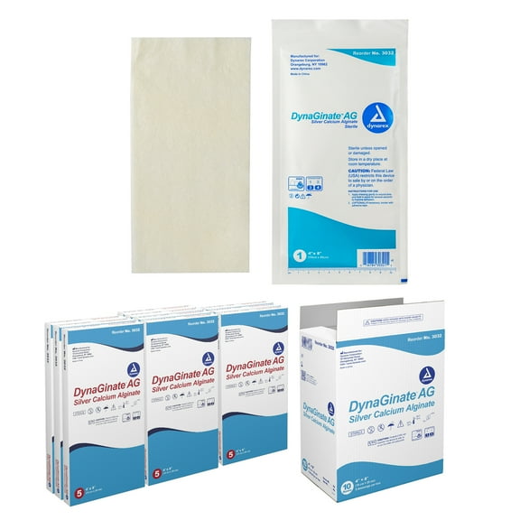 Dynarex DynaGinate AG Silver Calcium Alginate Dressings - 4"x8", Calcium Alginate Wound Dressing with Silver Ions, 1 Case of 50 DynaGinate AG Dressings - 4" x 8" (10 Boxes of 5)