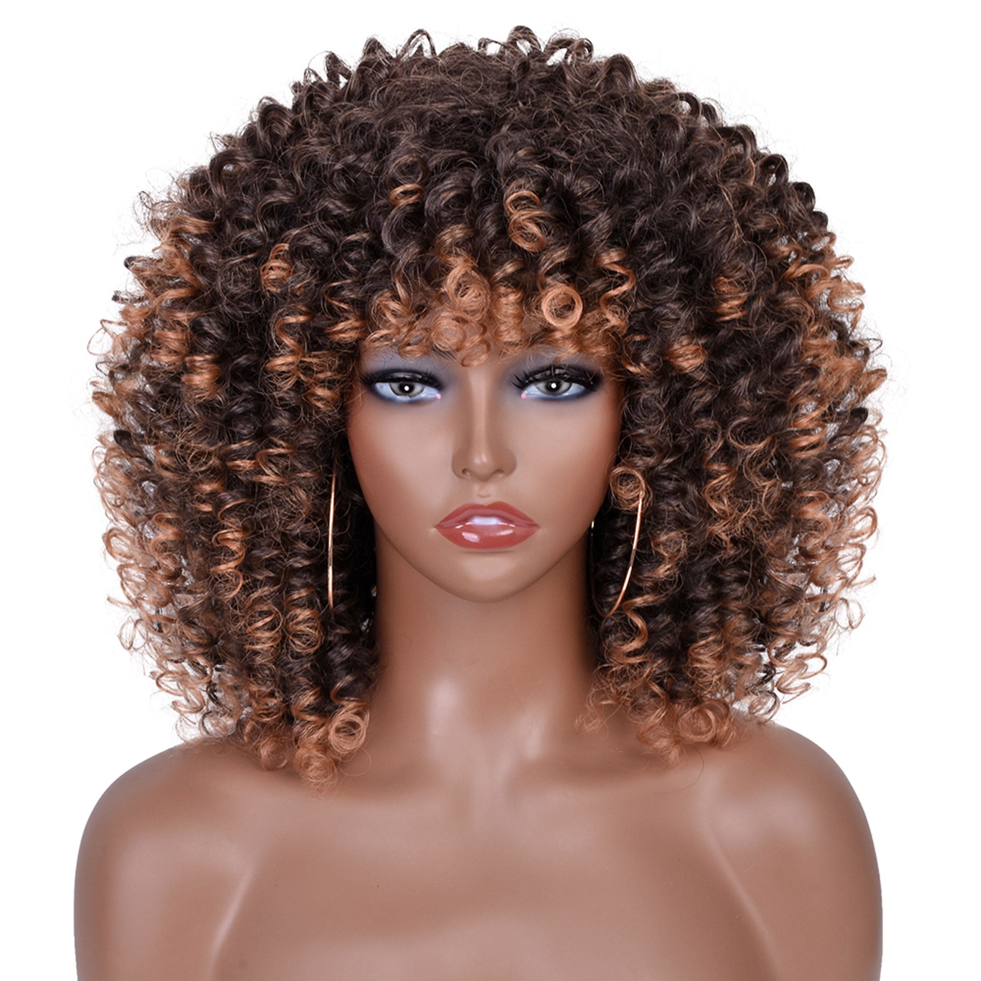 Annisoul Afro Curly Wigs With Bangs Short Kinky Curly Wigs For Black Women Synthetic Ombre Brown