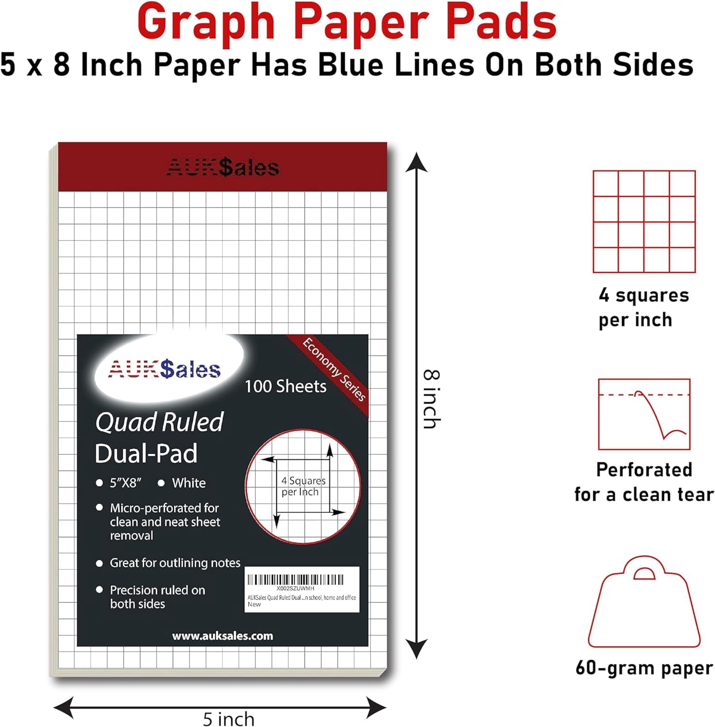 Grid Paper Pad 5x8 Inches – Graph Paper Pad 4x4, Grid Notepad, 3Pack, 5x8 Graph Paper 1/4 Grid, Graphing Paper, Engineering Pad – 100 Sheets 200 Pages Perforated Pad