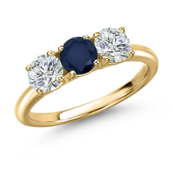 Gem Stone King 10K Yellow Gold Blue Sapphire and Lab Grown Diamond Engagement Ring for Women | 1.60 Cttw | Round 5MM | Gemstone September Birthstone | Size 5