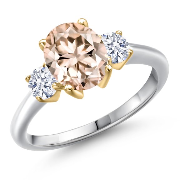 Gem Stone King 10K Two Tone Gold Peach Morganite and White Zirconia Engagement Ring for Women | 2.10 Cttw | Oval 9X7MM | Gemstone October Birthstone | Size 7