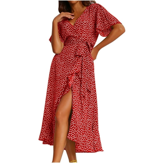 Summer Dress Saving! Women's Casual Plus Size Bohemian V-neck Loose Short Sleeve Print Mid-Claf Length Dress Red M