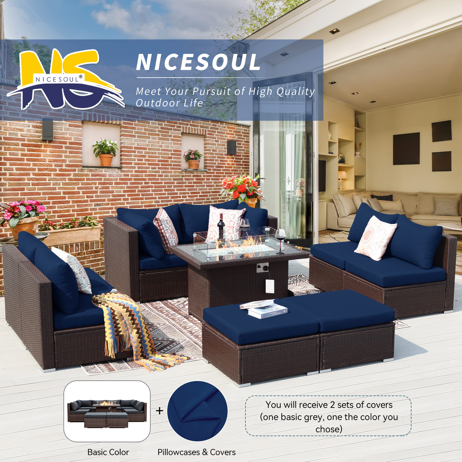 RADIATA 9 Pcs Outdoor Wicker Furniture with Fire Pit Table Espresso/Navy