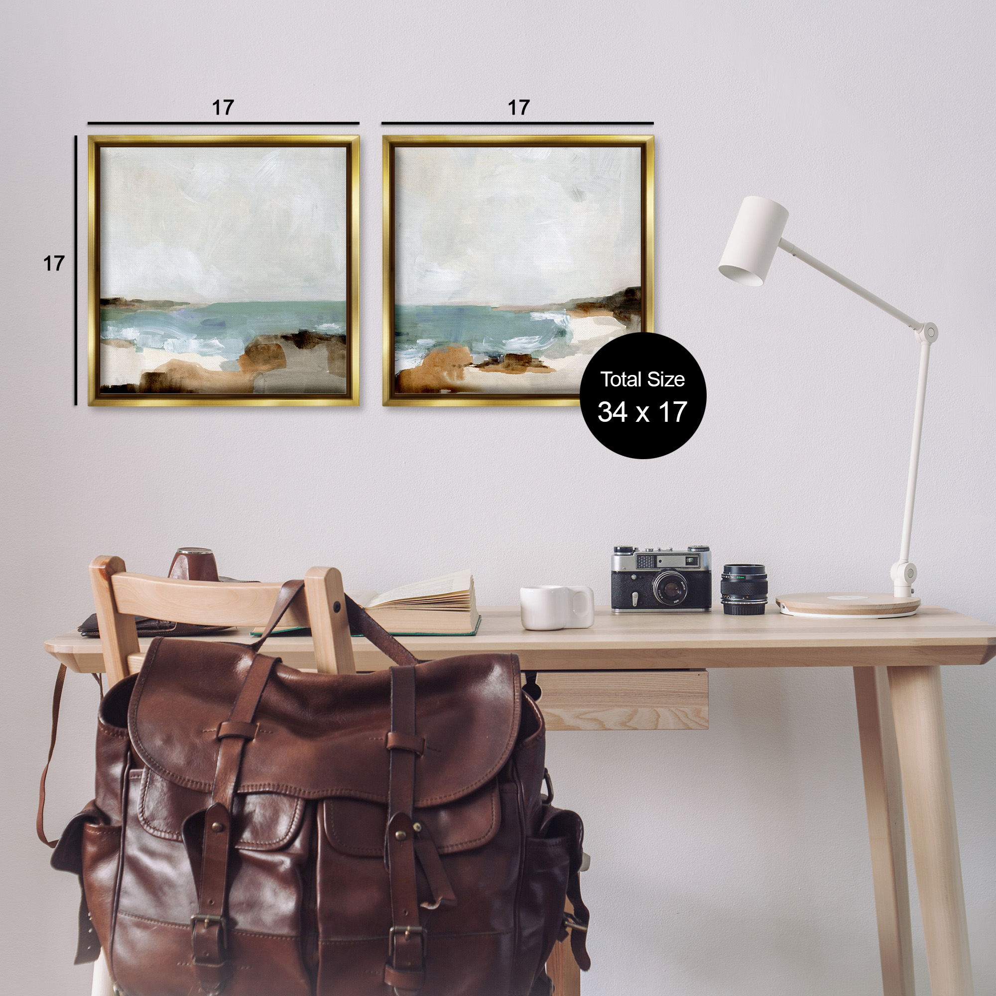 Stupell Industries Abstract Beach Cove Landscape Cliffs Nature Painting Gold Floater Framed Canvas Art Print Wall Art, 18 x 18, Set of 2