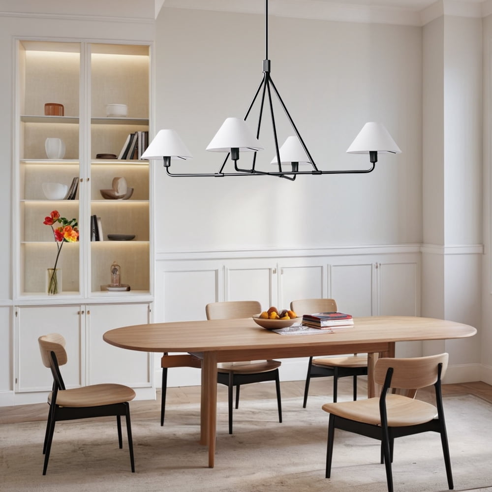Mid-Century Matte Black  Linen Chandelier 37 Inch ,Conical Ceiling Light with Linen Shade, Natural 4-Light Ceiling Lamp, Organic Ceiling Mounted Light for Living Room, Dining Room