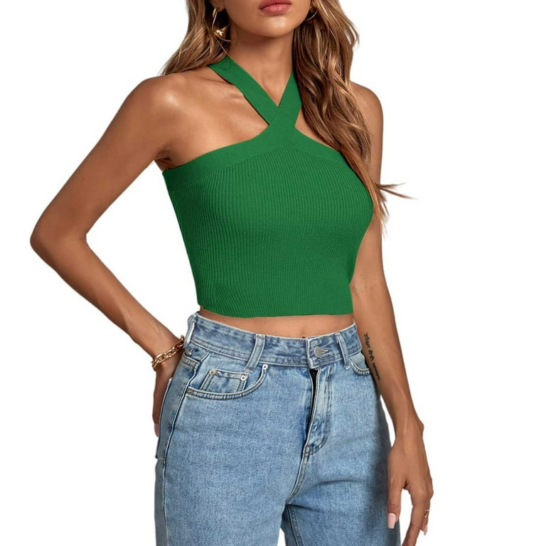 YYDGH Women's Criss Cross Halter Crop Top Ribbed Knit Fitting Tank Top  Solid Color Sleeveless Tee Shirt Summmer Tops Green L 
