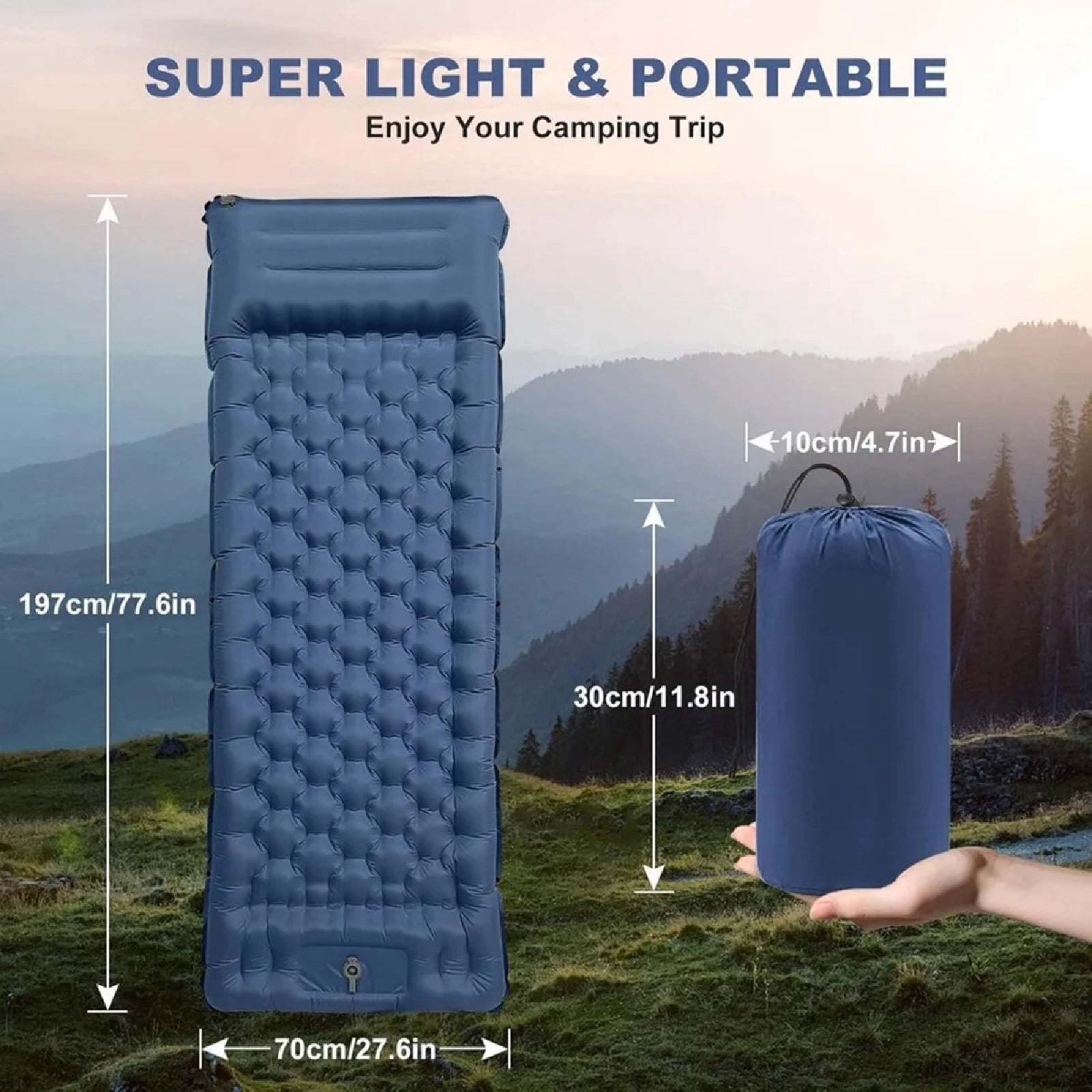 JOVELL Inflatable Sleeping Pad with Built-in Foot Pump & Pillow, 4.7" Thick Waterproof Camping Air Mattress, Self Inflating Sleep Pad for Backpacking, Hiking, Tent, Navy