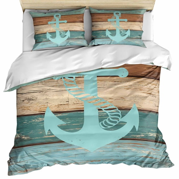 Turquoise Anchor Bedding 3 Piece Duvet Cover Set Full Size, Nautical Brown Green Retro Wood Grain Soft Microfiber Comforter Cover with Zipper Closure & Pillowcases, FadeResistant Quilt Cover