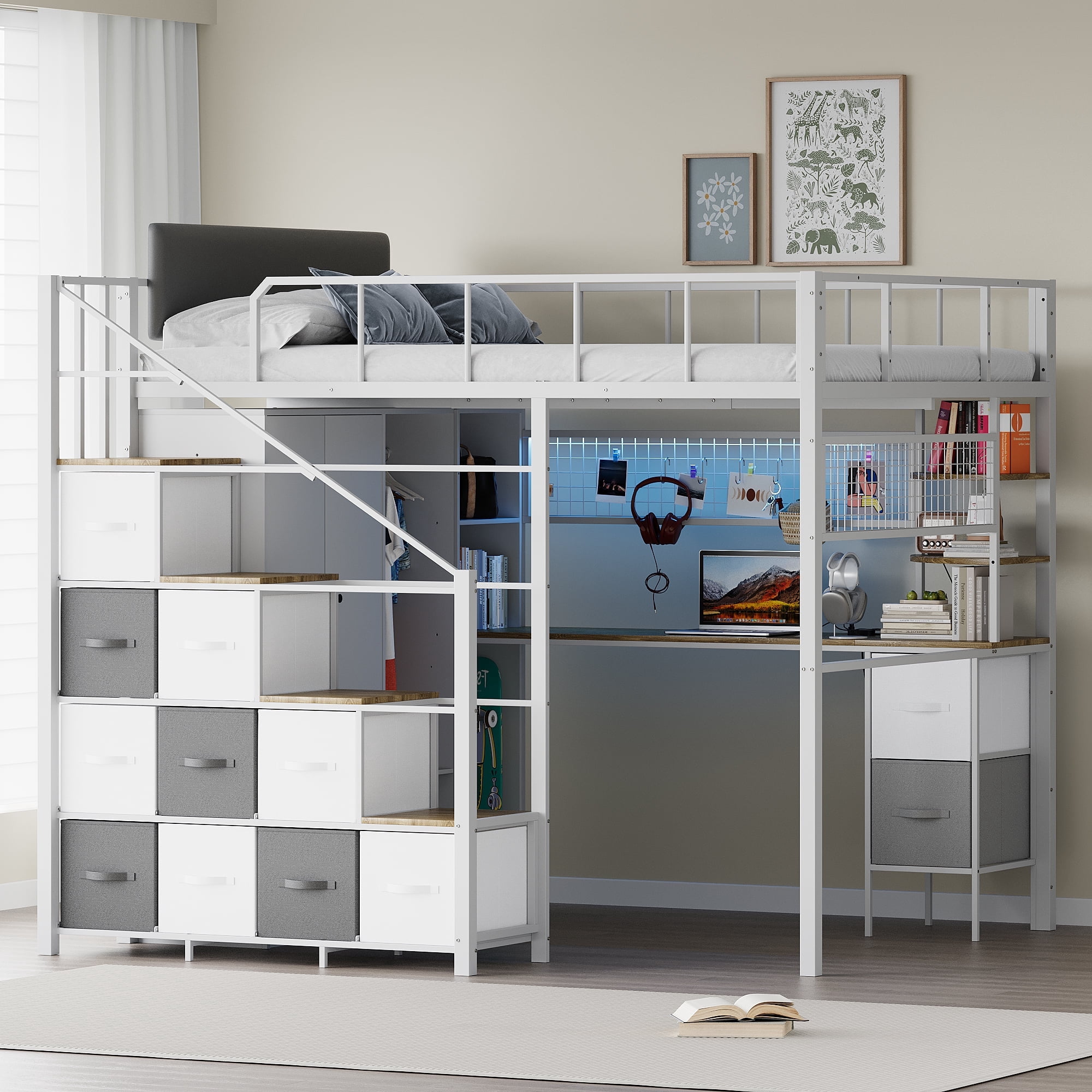 Advwin Full Size Loft Bed with Desk, Stairs, Closet & 12 Fabric Drawers, Metal Gaming Loft Bed with LED Lights, Charging Station & Guardrail, Space-Saving Bed for Bedroom, Dorm, Apartment, White+Oak