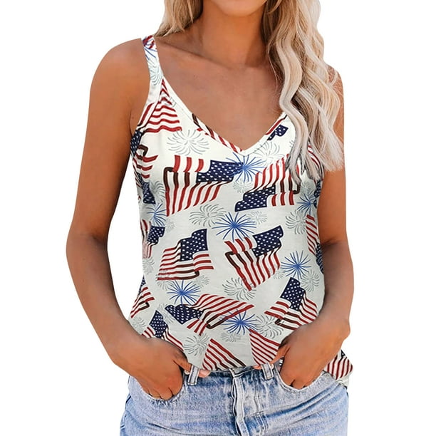 T Shirts for Women Casual Tops Sleeveless Low Collar Workout Independence  Day Printed Athletic Vest Tee Shirt Top