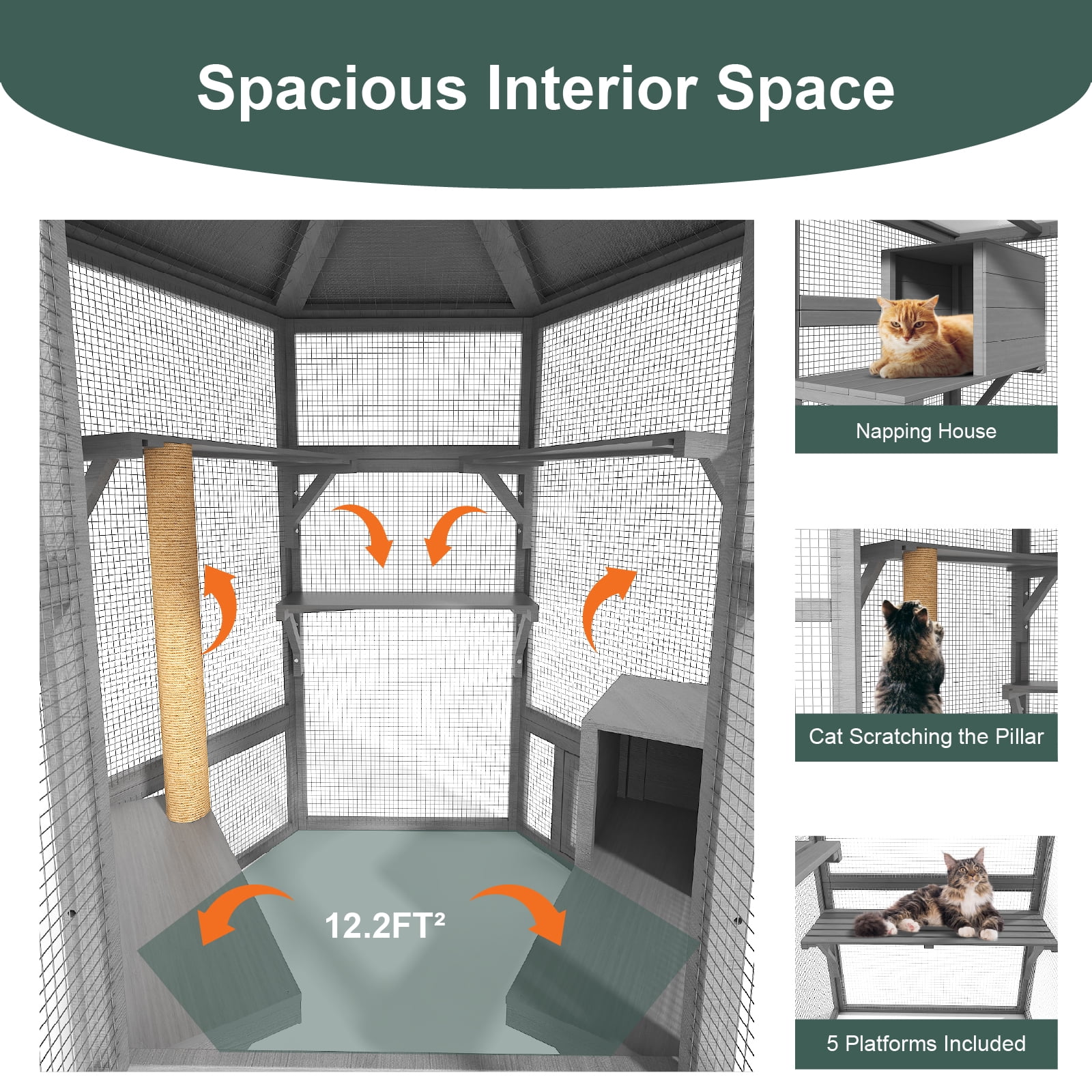TIMHAKA 65" Catio Outdoor Cat Enclosure, Large Cat House w/ Waterproof Roof, Window Access, Multiple Platforms & Scratching Post for Multi-Cat Use, Gray