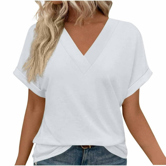 T-shirts pour Femmes Col en V Manches Courtes Décontracté Ample Basique Mode Tendance Léger Doux Hauts d'Été