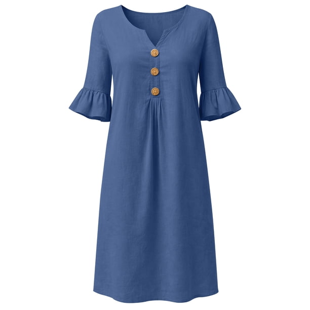 ladies daily wear dresses MaFYtyTPR Women's Leaf Sleeve Button Dress Solid Color Short Sleeved Casual V-neck Loose for A-Navy XL champagne beaded gown