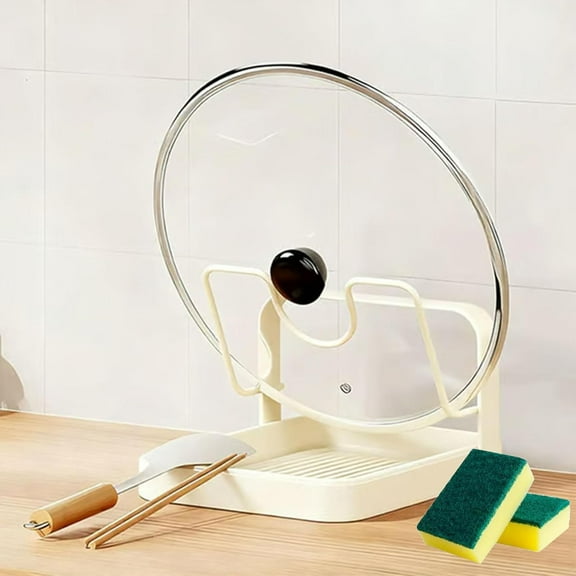 Kitchen Pot Lid Storage Rack - Multifunctional Organizer with Removable Tray for Lids & Utensils. Doubles as a spoon rest while cooking. Double-layer design saves counter space, sturdy & stable.