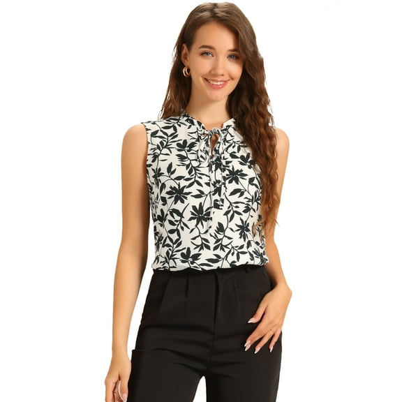 DARING DIVA Women's Sleeveless Ruffled Trim Tie Neck Floral Casual Office Tops XS White