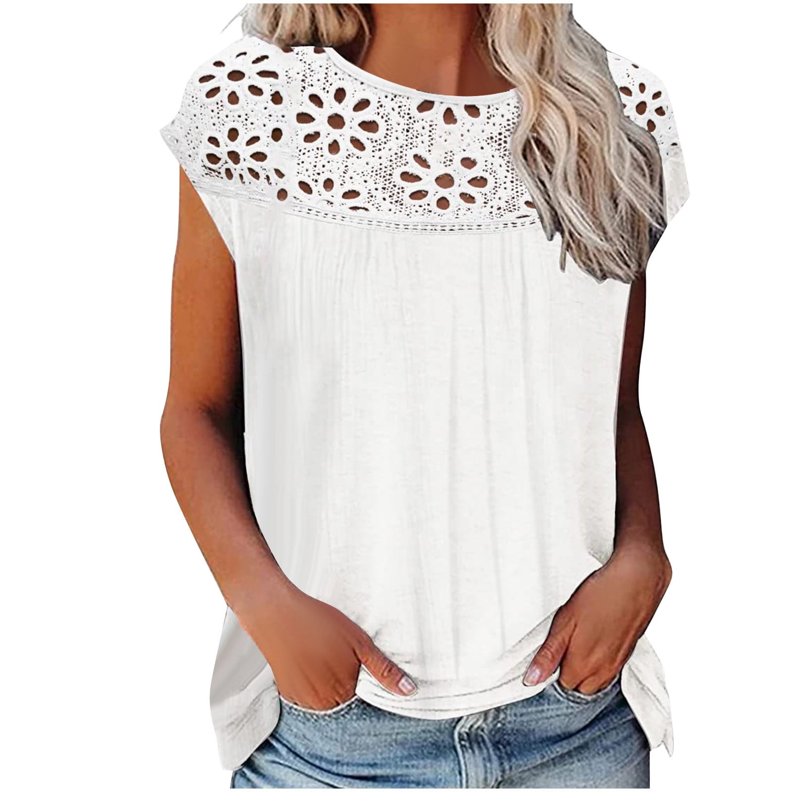 YYDGH Women's Round Neck Batwing Short Sleeve T Shirt Eyelet Embroidery ...