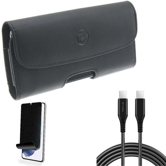 For Samsung Galaxy S21 (6.2") - [Fingerprint Works] TPU Film Privacy Screen Protector   Holster Leather Case Belt Clip   Power PD Fast Charger Cord 10ft Long USB-C Cable