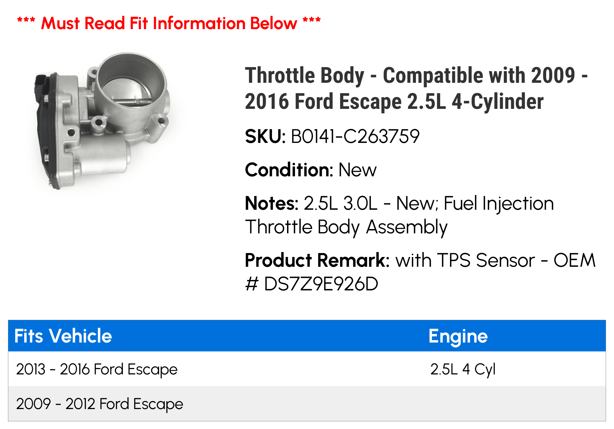 Throttle Body - Compatible with 2009 - 2016 Ford Escape 2.5L 4-Cylinder 2010 2011 2012 2013 2014 2015