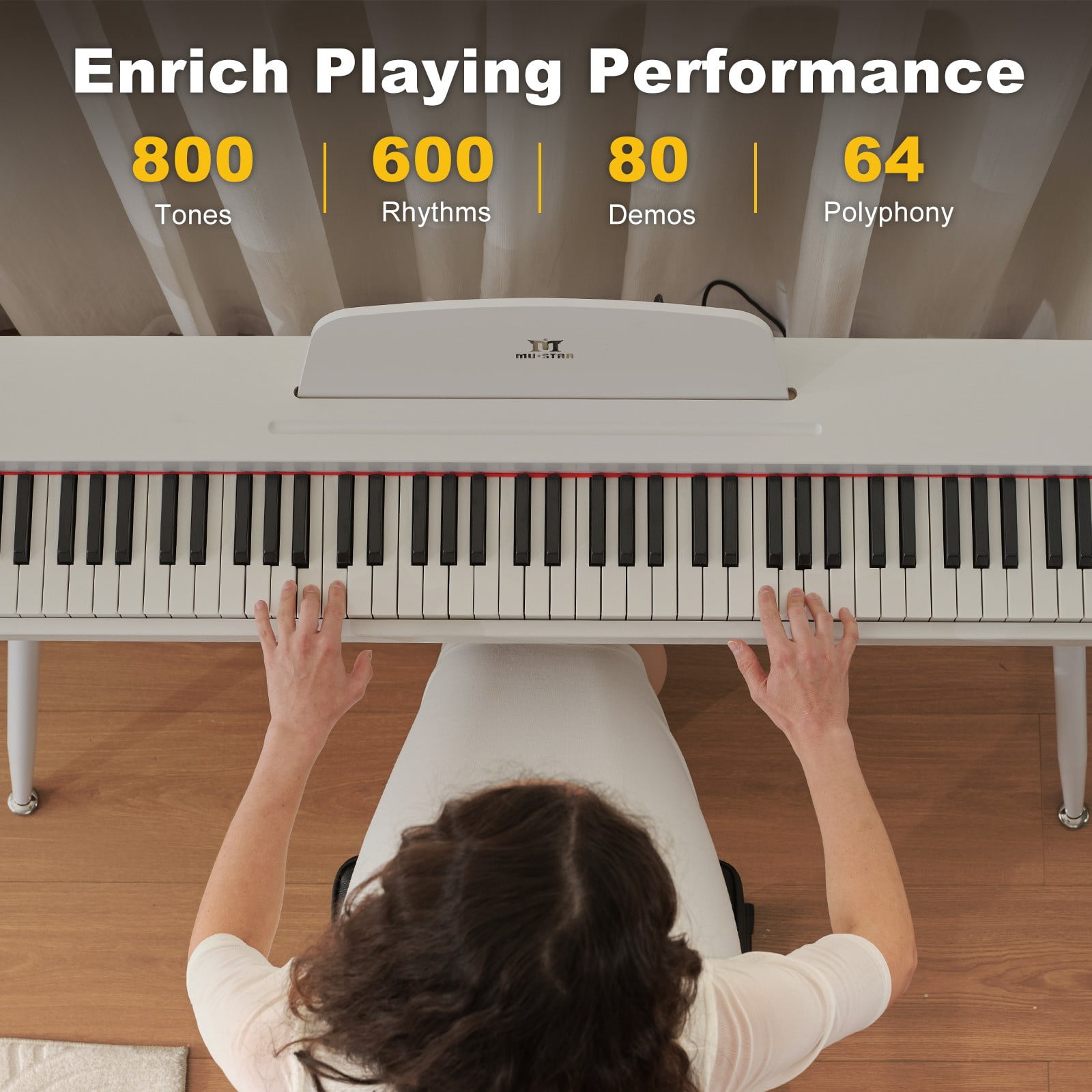 Mustar 88 Key Portable Electric Digital Keyboard Piano Semi Weighted with Storage Stool, 3 Pedals, Built-In Speakers, USB/MIDI, White