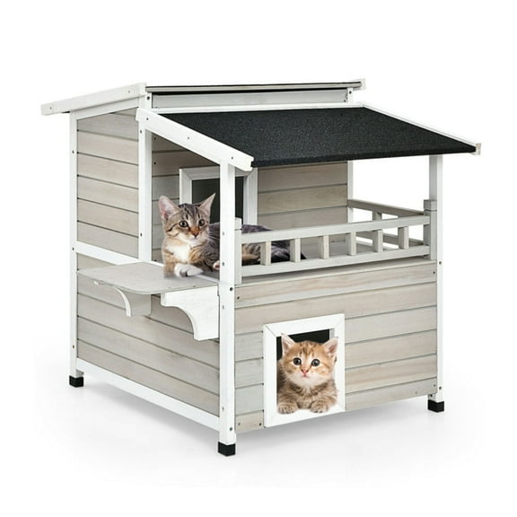 Pefilos 36" Wooden Outdoor Cat House with Large Balcony, Cat Condo Shelter Catio for Small Medium Cats, 2-Story Patio Cat Shelter, Gray