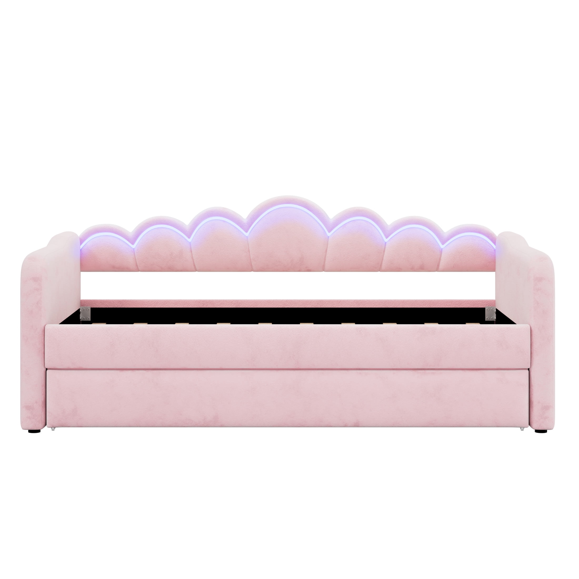 Noble House Twin XL Upholstered Velvet Daybed with LED Light and Pop-Up Height Trundle, Space Saving Design, Pink