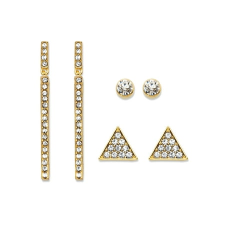 - Triangle, Linear and Round White Crystal 3-Pair Gold Tone Cluster Stud and Drop Earrings Set 1.75