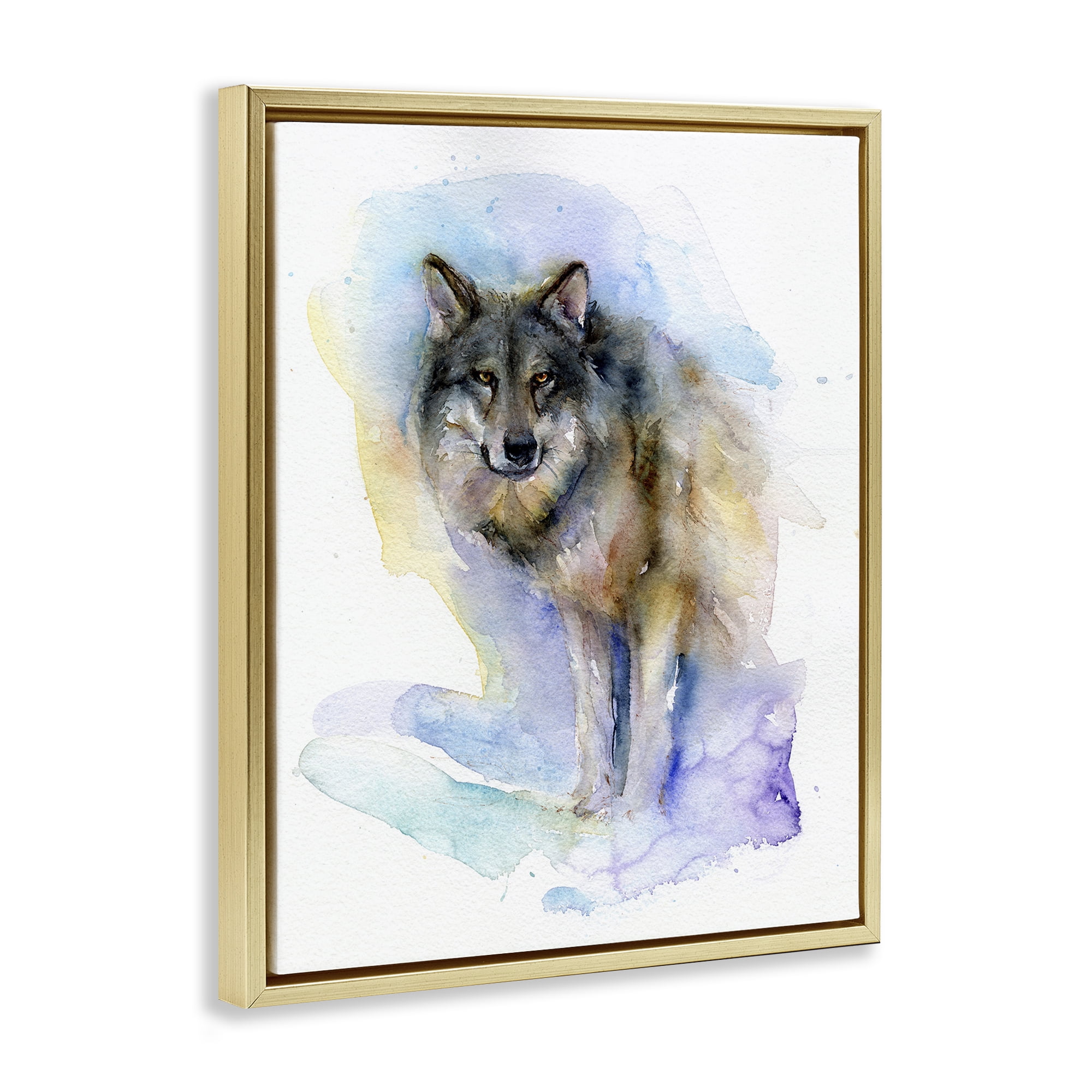 Stupell Industries Watercolor Wolf in Snow Animals & Insects Painting Gold Floater Framed Canvas Art Print Wall Art, 17 x 21