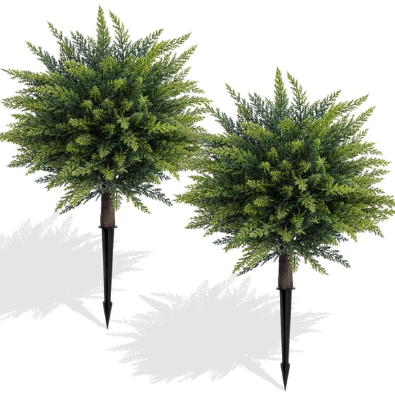 Scidweet 2 Pack Artificial Cedar Topiary Trees, Fake Outdoor Bushes Plants with Ground Spike Faux Greenery Plants for Indoor Outdoor Front Porch Garden Decor