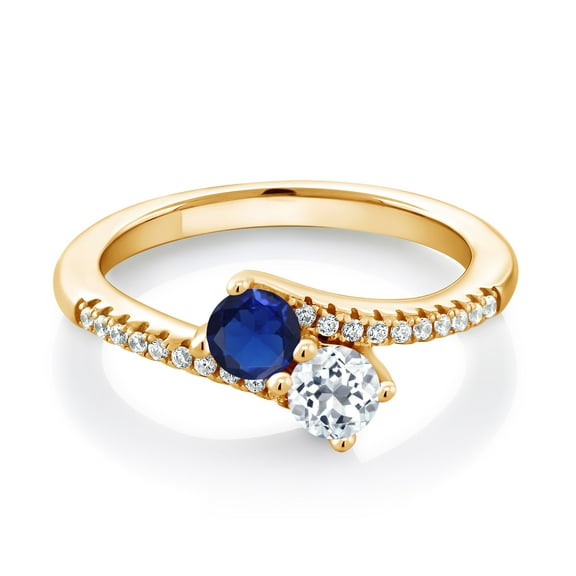Gem Stone King 18K Yellow Gold Plated Silver Blue Created Sapphire and White Topaz Bypass Ring for Women (0.82 Cttw, Gemstone September Birthstone, Round 4MM, Size 8)